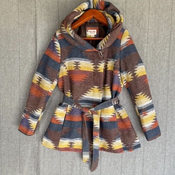 Vintage Y2K Mossimo Supply Co Aztec Print Hooded Shawl Collar Belted Coat - Picture 1 of 12
